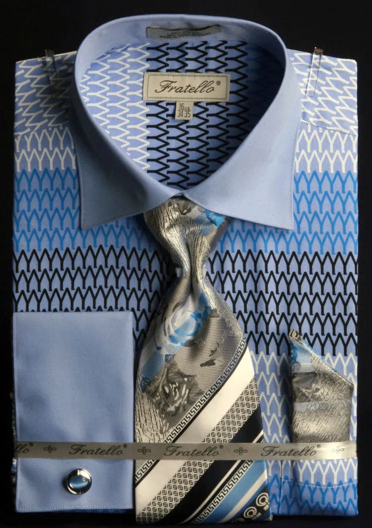 Blue Arch Pattern French Cuff Men's Shirt & Tie Combo - Spread Collar sold by Alberto Nardoni