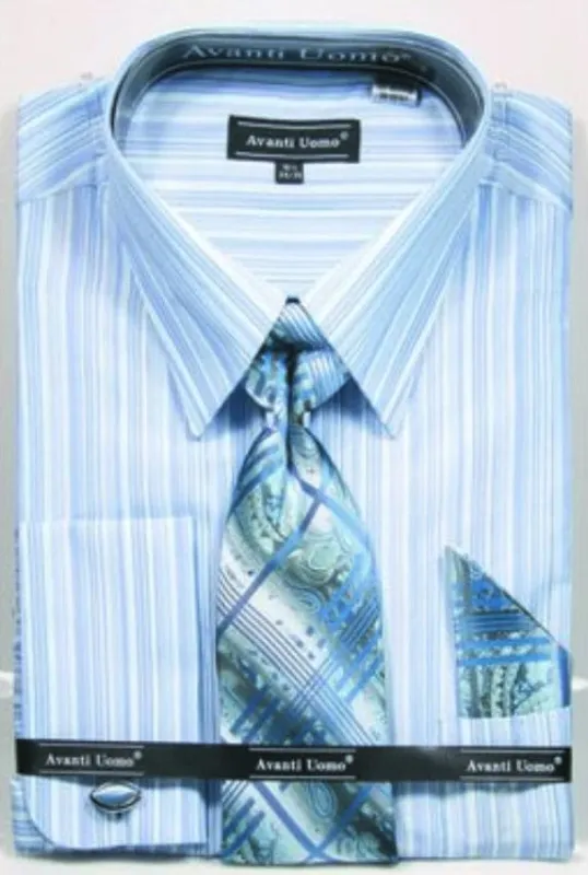 Blue Men's Stripe French Cuff Dress Shirt, Tie & Hanky Set sold by Alberto Nardoni