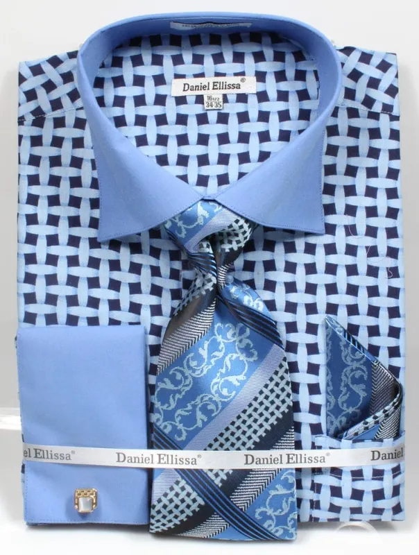 Blue Men's Lattice Pattern Dress Shirt & Tie Set with Contrast Collar sold by Alberto Nardoni
