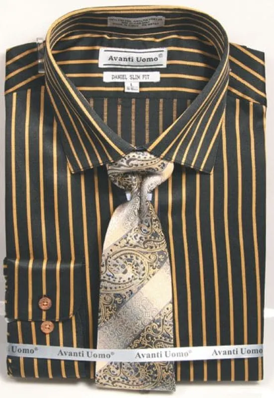 "Men's Slim Fit Pinstripe Dress Shirt & Tie Set - Bold Black & Gold" sold by Alberto Nardoni