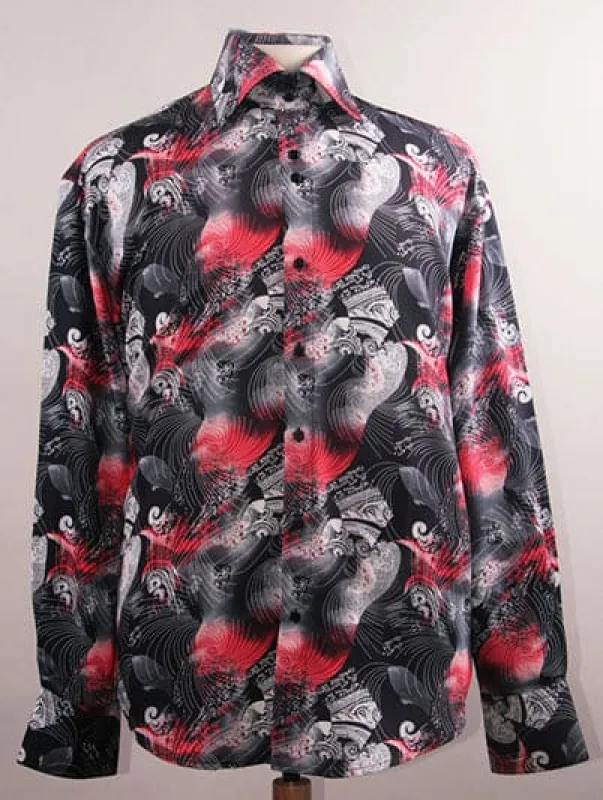 "Men's Regular Fit Sports Shirt - Fancy Japanese Wave Pattern, Black & Red" sold by Alberto Nardoni