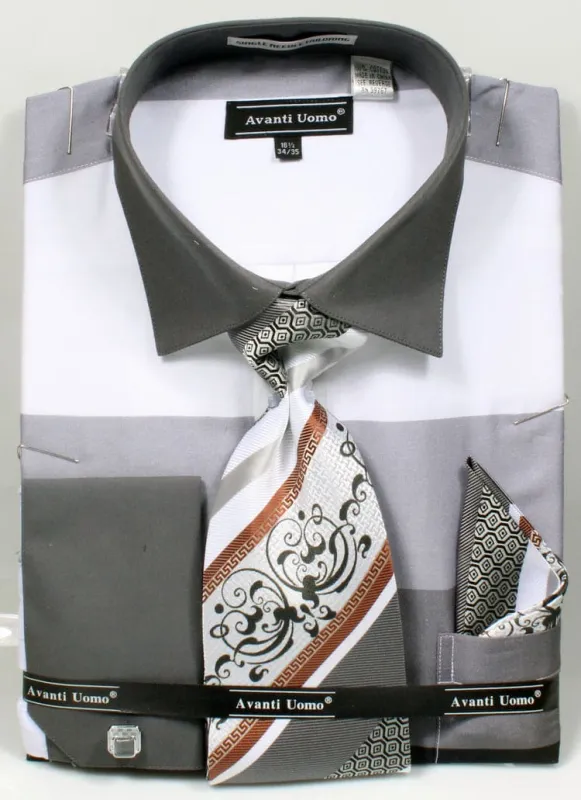 "Men's Black Stripe French Cuff Dress Shirt Set with Tie & Hanky" sold by Alberto Nardoni