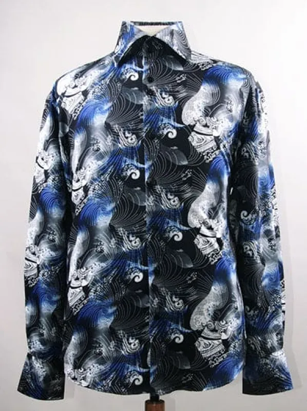 "Men's Regular Fit Sports Shirt - Fancy Japanese Wave Pattern, Black & Royal Blue" sold by Alberto Nardoni