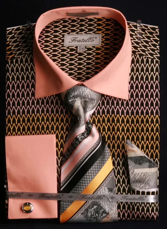 "Men's Black & Gold Arch Pattern French Cuff Shirt & Tie Combo" sold by Alberto Nardoni
