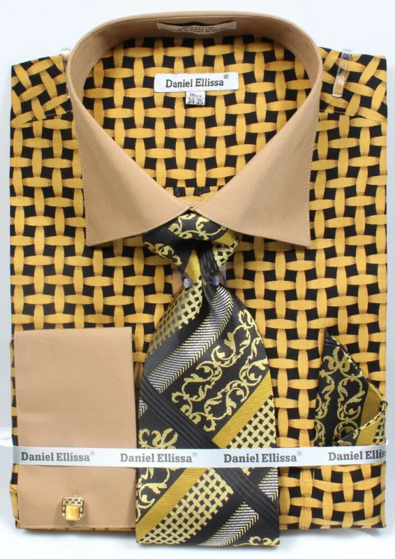 "Men's French Cuff Dress Shirt Set - Black & Mustard Lattice Pattern" sold by Alberto Nardoni