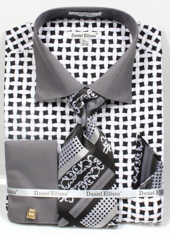 "Men's Lattice Pattern Dress Shirt Set - Contrast Collar, French Cuff, Black & White" sold by Alberto Nardoni