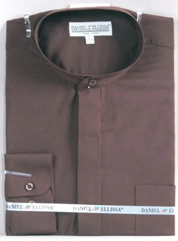 "Men's Dark Brown Classic Banded Collar French Front Dress Shirt" sold by Alberto Nardoni