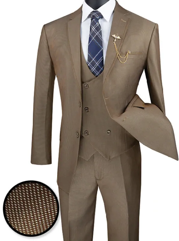 Birdseye Pattern Modern Fit 3 Piece Khaki Suit with Contrast Trim sold by Alberto Nardoni