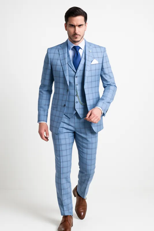 Lazio Collection - Modern Fit Windowpane Suit 3 Piece in Light Blue sold by Alberto Nardoni