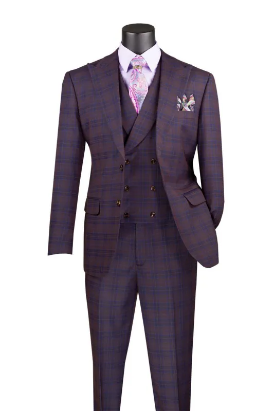 Purple Modern Fit Windowpane Peak Lapel 3 Piece Suit sold by Alberto Nardoni