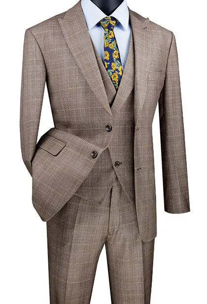 Tan Modern Fit Glen Plaid 2 Button Peak Lapel 3 Piece Suit sold by Alberto Nardoni