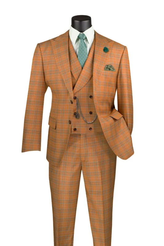 Orange Modern Fit Windowpane Peak Lapel 3 Piece Suit sold by Alberto Nardoni