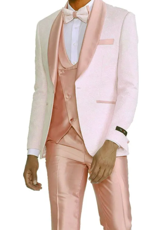 Rose Gold Pink Slim Fit Tuxedo 4 Piece with Satin Shawl Collar Beveled Designed Vest sold by Alberto Nardoni