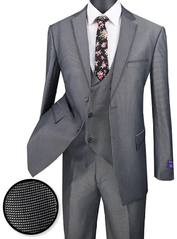 Birdseye Pattern Modern Fit 3 Piece Charcoal Suit with Contrast Trim sold by Alberto Nardoni