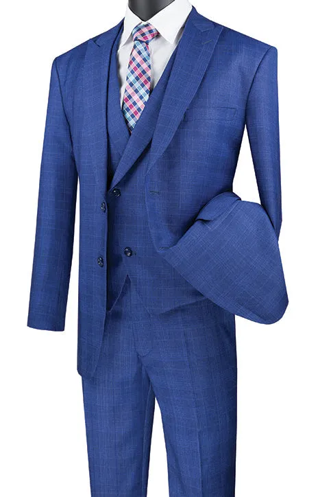 Blue Modern Fit Glen Plaid 2 Button Peak Lapel 3 Piece Suit sold by Alberto Nardoni