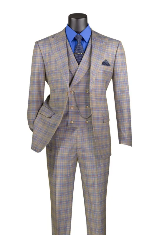 Blue Modern Fit Windowpane Peak Lapel 3 Piece Suit sold by Alberto Nardoni