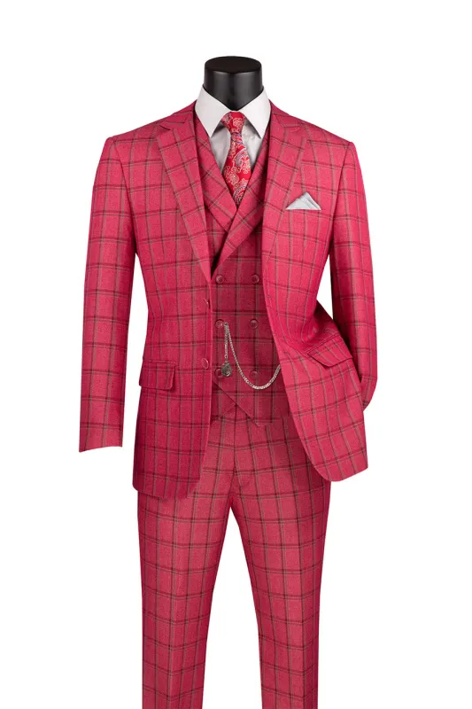 Lazio Collection - Modern Fit Windowpane Suit 3 Piece in Raspberry sold by Alberto Nardoni