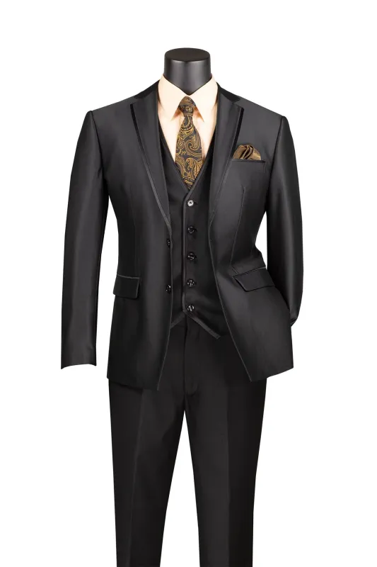 Slim Fit 3 Piece Satin Suit in Black sold by Alberto Nardoni
