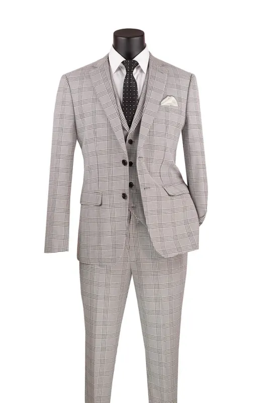 Slim Fit Suit Windowpane 3 Piece with Vest in Black/Gray sold by Alberto Nardoni