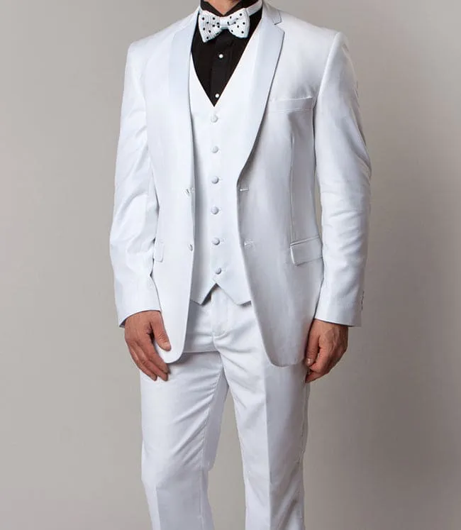 Solid White Modern Fit Tuxedo 3 Piece with 6 Button Vest sold by Alberto Nardoni
