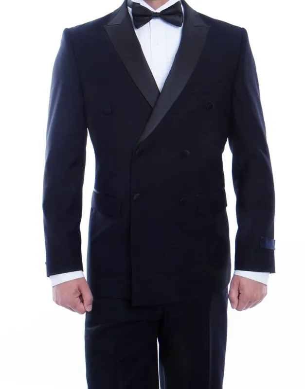 Double Breasted Slim Fit Tuxedo Navy with Black Satin Peak Lapel sold by Alberto Nardoni