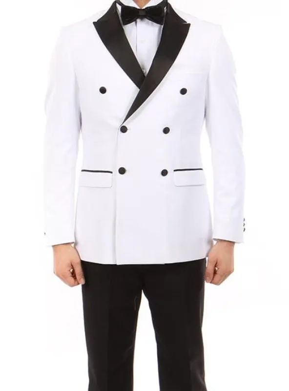 Double Breasted Slim Fit Tuxedo White with Black Satin Peak Lapel made by Alberto Nardoni