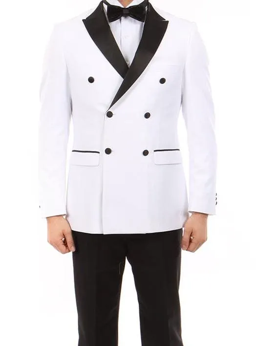 Double Breasted Slim Fit Tuxedo White with Black Satin Peak Lapel sold by Alberto Nardoni