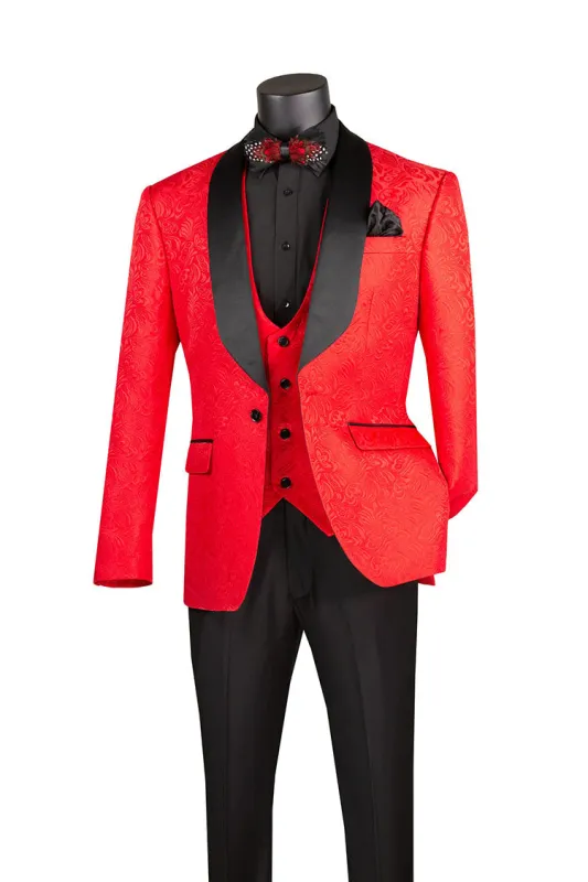 Slim Fit Tuxedo 3 Piece with Jacquard Pattern in Red sold by Alberto Nardoni