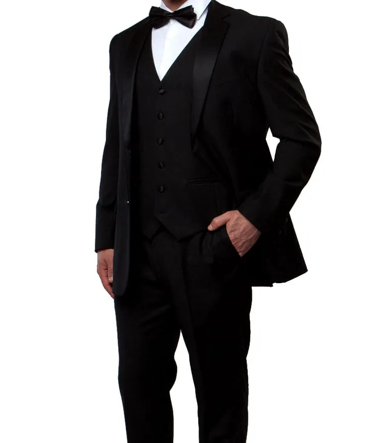 Solid Black Modern Fit Tuxedo 3 Piece with 6 Button Vest sold by Alberto Nardoni