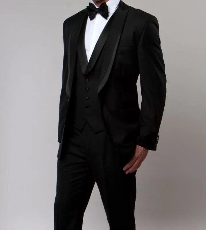 Black Slim Fit Tuxedo 3 Piece with Satin Shawl Collar Vest sold by Alberto Nardoni