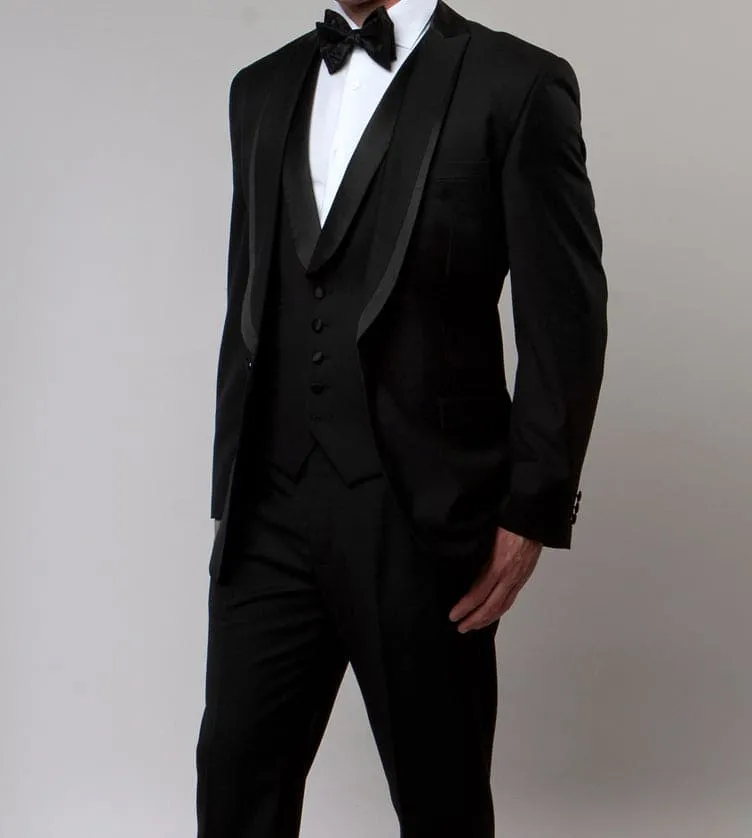 Black Slim Fit Tuxedo 3 Piece with Satin Shawl Collar Vest sold by Alberto Nardoni