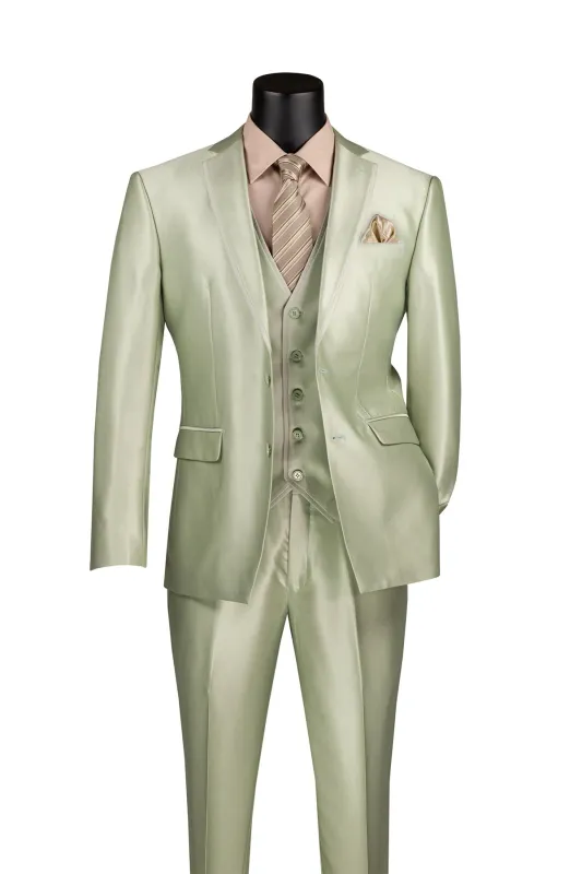 Slim Fit 3 Piece Satin Suit in Light Sage sold by Alberto Nardoni