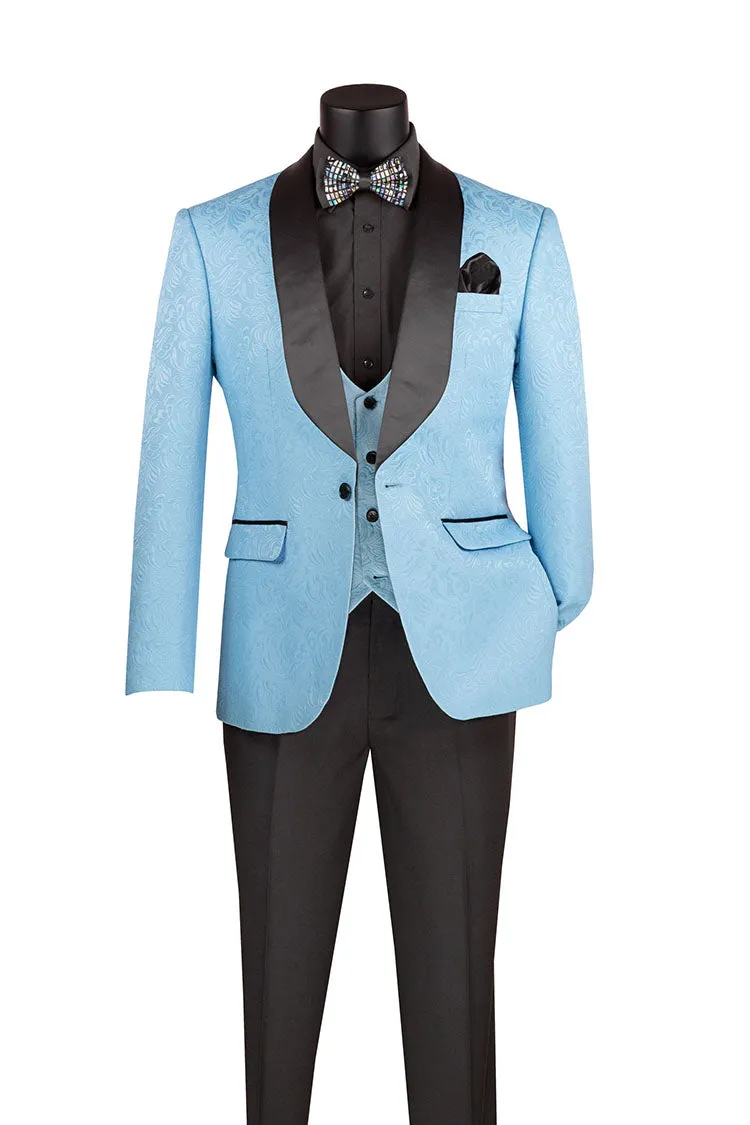 Slim Fit Tuxedo 3 Piece with Jacquard Pattern in Light Blue sold by Alberto Nardoni