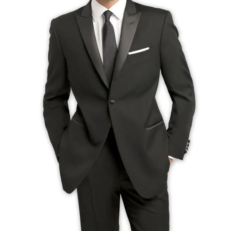 Slim Fit Black 2 Piece Tuxedo with Black Satin Peak Lapel sold by Alberto Nardoni