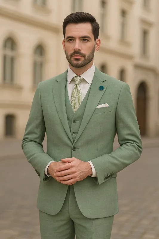 Light Green Modern Fit 3 Piece Suit with Vest and Adjustable Waist Band Pants sold by Alberto Nardoni