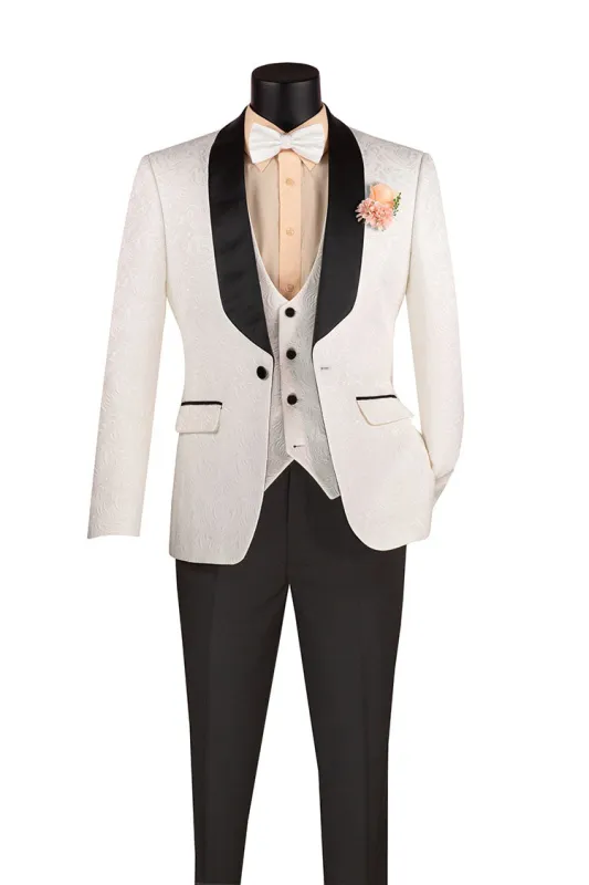 Slim Fit Tuxedo 3 Piece with Jacquard Pattern in White sold by Alberto Nardoni