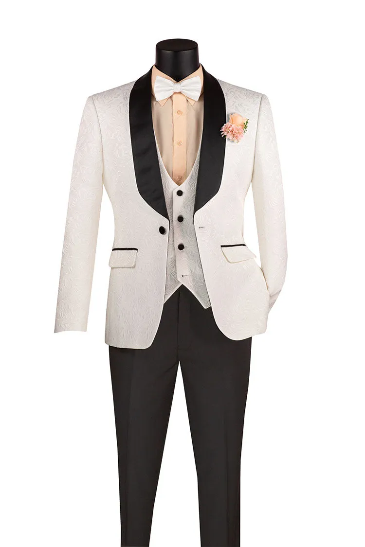 Slim Fit Tuxedo 3 Piece with Jacquard Pattern in White sold by Alberto Nardoni