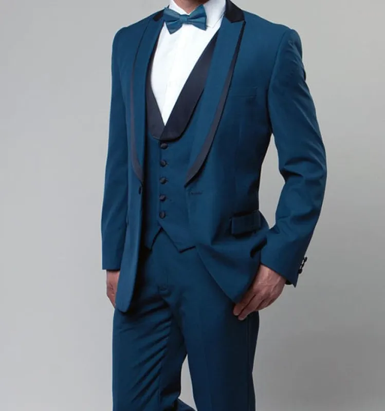 Blue Slim Fit Tuxedo 3 Piece with Satin Shawl Collar Vest sold by Alberto Nardoni