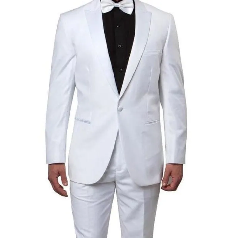 Slim Fit 2 Piece White Tuxedo With White Satin Peak Lapel sold by Alberto Nardoni
