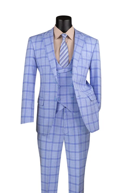 Modern Fit Windowpane Suit 3 Piece with U-Neck Vest in Light Blue sold by Alberto Nardoni