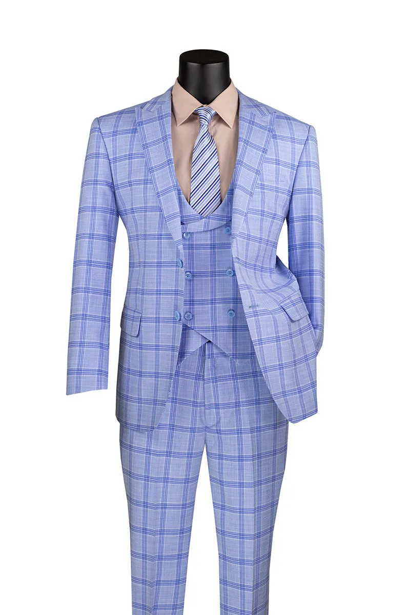 Modern Fit Windowpane Suit 3 Piece with U-Neck Vest in Light Blue sold by Alberto Nardoni