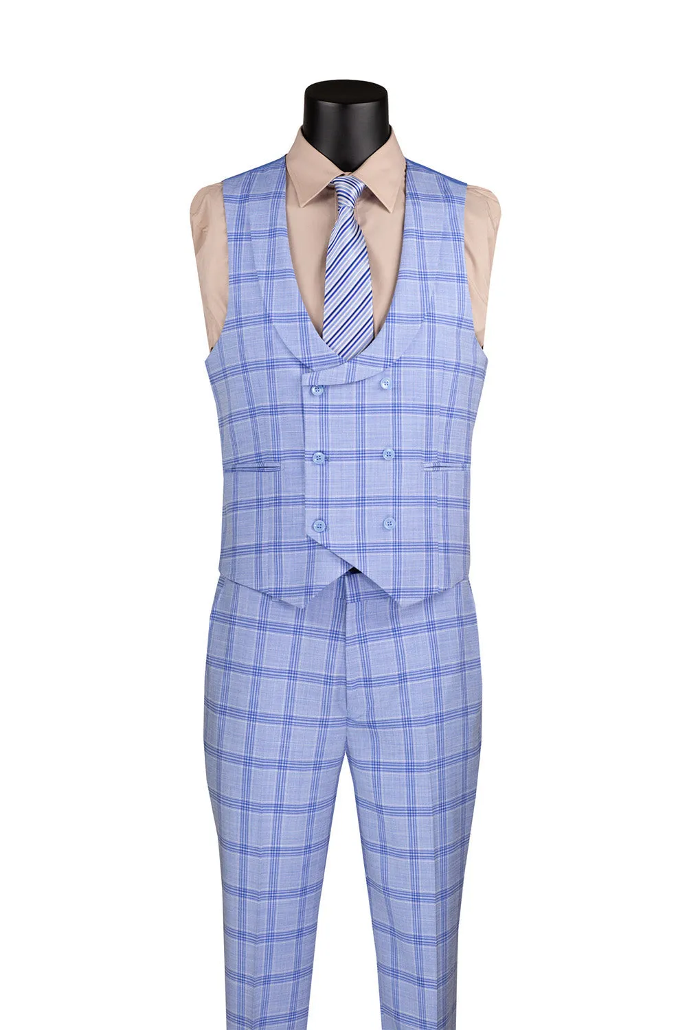 Modern Fit Windowpane Suit 3 Piece with U-Neck Vest in Light Blue sold by Alberto Nardoni product image thumbnail 2