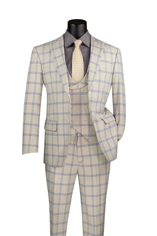 Modern Fit Windowpane Suit 3 Piece with U-Neck Vest in Light Beige sold by Alberto Nardoni