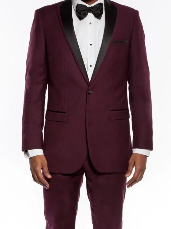 Burgundy Slim Fit 2 Piece Tuxedo With Satin Peak Lapel sold by Alberto Nardoni