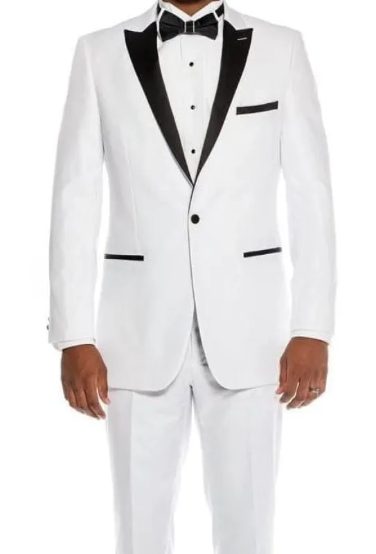 Slim Fit 2 Piece White Tuxedo With Satin Peak Lapel sold by Alberto Nardoni