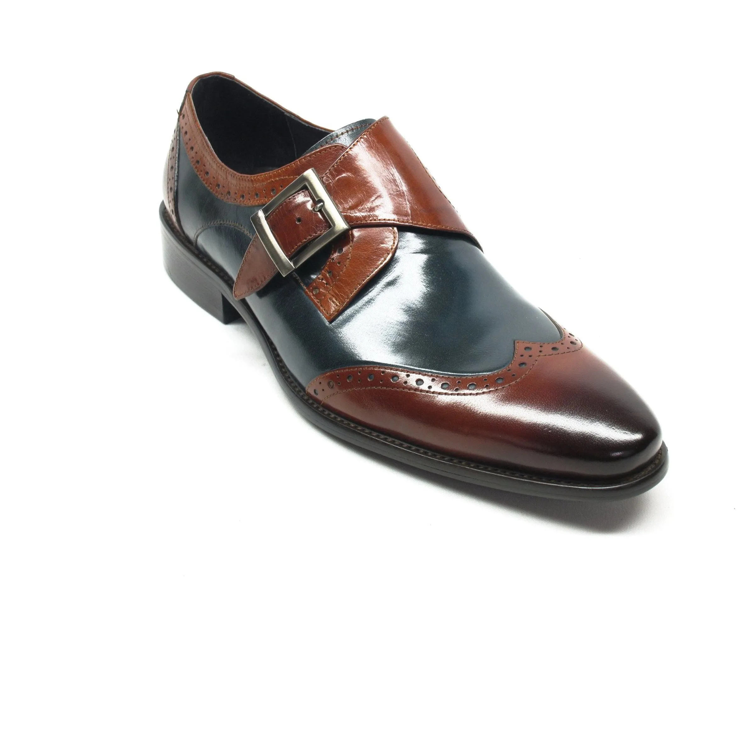 Mens Leather Wingtip Monk Strap Dress Shoe in Black & Burgundy sold by Alberto Nardoni product image thumbnail 3
