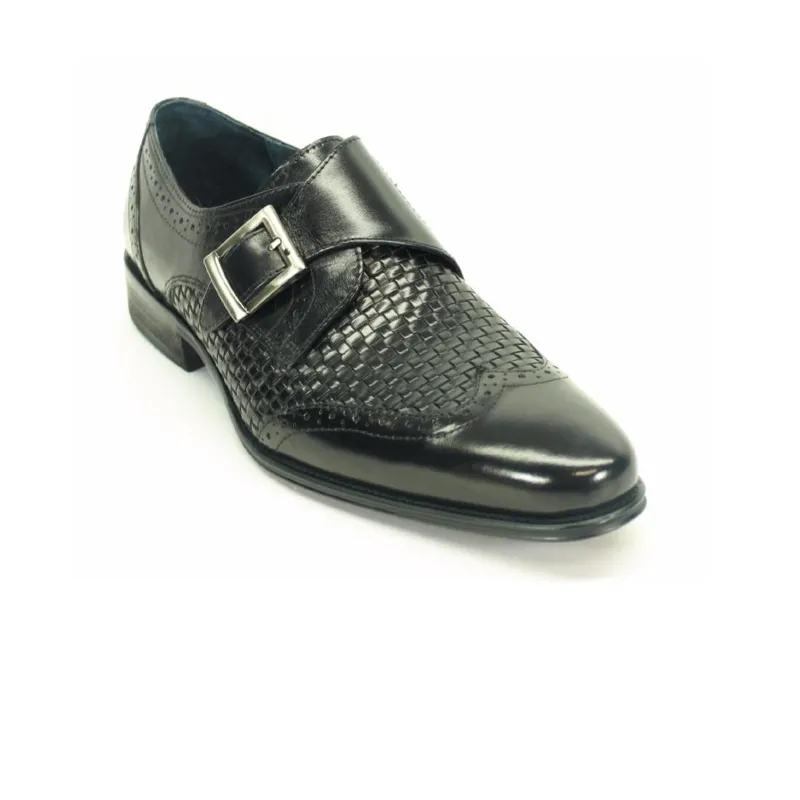 Mens Carrucci Woven Leather Single Buckle Monk Strap Dress Shoe in Black sold by Alberto Nardoni