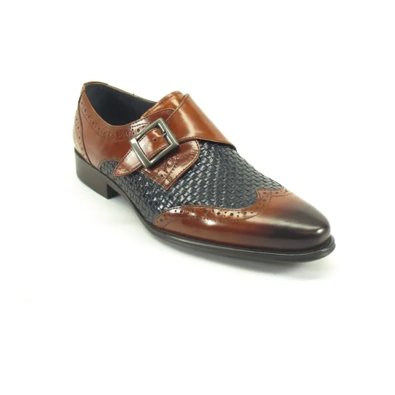 Mens Carrucci Woven Leather Single Buckle Monk Strap Dress Shoe in Brown & Navy sold by Alberto Nardoni