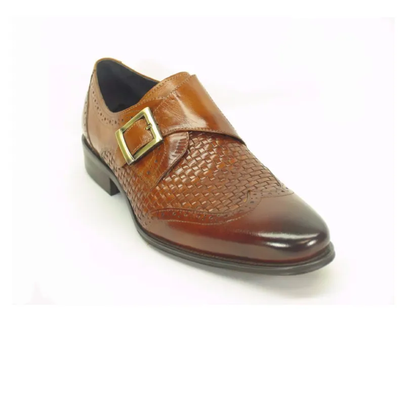 Mens Carrucci Woven Leather Single Buckle Monk Strap Dress Shoe in Brown sold by Alberto Nardoni