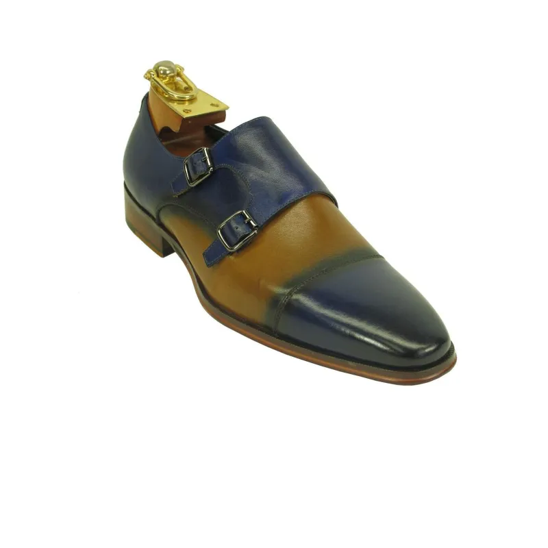 Mens Wholecut Two Tone Leather Cap Toe Monk Strap Dress Shoes in Blue & Tan sold by Alberto Nardoni
